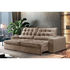 Sofá 4 Lugares Retrátil e Reclinável Orion 2.50m Veludo Palha Móveis Mix