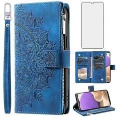 Asuwish Capa de telefone para Samsung Galaxy A32 5G 2021 6,5 polegadas capa carteira com protetor de tela de vidro temperado mandala flor flip zíper titular cartão celular M32 G5 A 32 32A S32 SM-A326U