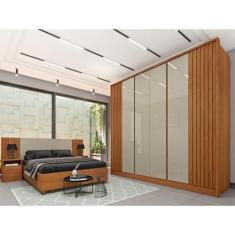 Quarto Casal Ripado Guarda-roupa 6 Portas com Cama e Cabeceira - Tcil 