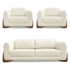 Kit 2 Poltronas e Sofá Living 2 Lugares 1,80m Lottus Linho Pés Castanh