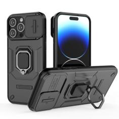 SORAKA Capa para iPhone 14 Pro com suporte de anel e capa de câmera deslizante para iPhone 14 Pro com placa de metal para suporte magnético de carro, capa protetora de camada dupla em policarbonato