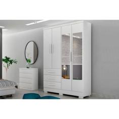 Guarda Roupa Solteiro Encant 4 Portas 3 Gavetas c/Espelho e Pés Branco