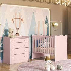 Quarto de Bebê Doce Sonho com Cômoda 2523 e Berço Simples 1 Qmovi Rosa Acetinado