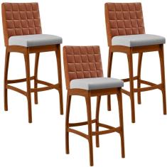 Kit 03 Banquetas Altas Mila Camel Linho Cinza