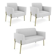 Sofá Namoradeira E 2 Poltronas Pé De Ferro Dourado Marisa Linho Cinza D03