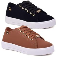 Kit 2 Pares Tênis Feminino Casual Sola Alta Básico Leila Soares, Preto
