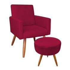 Kit Poltrona e Puff Banqueta Redonda Nina Veludo Pés Palito Castanho -