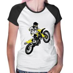 Baby Look Raglan Motocross Jump - Foca na Moda, Branco, Preto, G