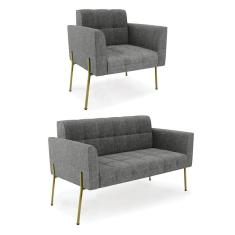 Sofá Namoradeira E Poltrona Base Pé De Ferro Dourado Elisa Linho D03 - D'rossi Cor A26 Grafite