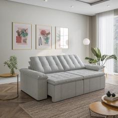 Sofá Cama Retrátil e Reclinável 3 Lugares 260cm em Linho com Molas Palmeira Cabecasa Madeiramadeira Prata