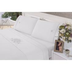 Jogo de lençol Queen Bordado Crivo 4 peças Percal Branco
