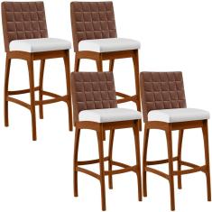 Kit 4 Banquetas Altas Mila B04 Assento Corano Base Madeira Encosto Estofado 72 cm Branco Marrom Nozes Lyam Decor