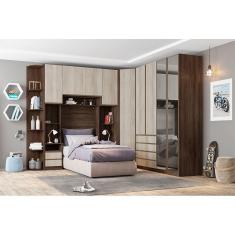 Guarda Roupa Solteiro de Canto com Espelho Nogueira Dourado com Legno Crema Prime Luciane Móveis