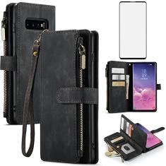 Asuwish Capa de telefone para Samsung Galaxy S10 Plus capa carteira e protetor de tela de vidro temperado couro flip porta-cartão de crédito celular Glaxay S10+ Galaxies S10plus 10S Edge S 10 10 plus