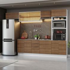 Armário de Cozinha Completa Stella 10 Portas 3 Gavetas MDF 330cm Branco Rustic com Vidro Natural