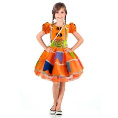 Vestido Caipira Junina Infantil Laranja Neon Luxo Com Bolsa - Fantasia