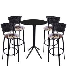 Jogo de 4 Banquetas Preta Junco Preto Assento Floral Marrom com Bistro Preto