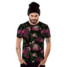 Camiseta Floral Preta e Rosa Masculina Top - Di Nuevo, Preto, XXG