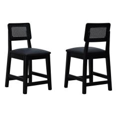 Kit 2 Banquetas Baixa-cadeira Gabi Madeira Maciça Encosto Telinha Assento Estofado - Preto Assento Estofado Corano Preto