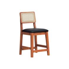 Banqueta Baixa-cadeira Gabi Madeira Maciça Encosto Telinha - Amêndoa Assento Estofado Corano Preto