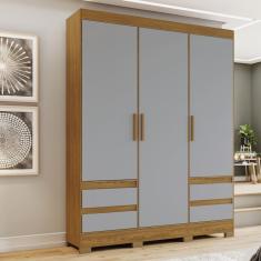 Guarda Roupa Casal Lema 3 Portas Bater 4 Gavetas MDP Nature com Cinza Briz
