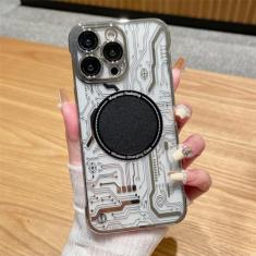 Capa magnética ultrafina com padrão de circuito sem moldura para iPhone 11 12 13 14 Pro Max 14Plus Capa transparente revestida de luxo, prateada, para iPhone 13 Pro