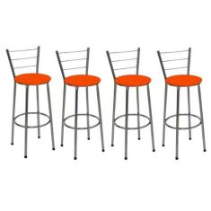 Kit 4 Banquetas Alta Cromada com Assento Laranja Fortmix