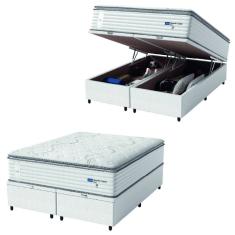 Cama Box Baú Casal Queen Colchão Molas Guarda Costas Com Pillow 158x198x81cm Branco/Cinza