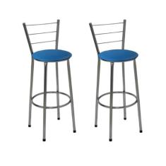 Kit 2 Banquetas Altas Cromada com Encosto Assento Azul - Jaddi
