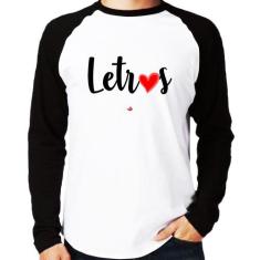 Camiseta Raglan Letras por amor Manga Longa - Foca na Moda, Branco, Pr
