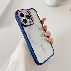 Capa de telefone transparente magnética de luxo para iPhone 14 13 12 11 Pro Max Skin Feel Laser Metal Camera Protection Capa de acrílico macio, azul escuro, para iPhone 12 Pro