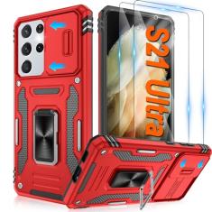 ATUMP Capa para Samsung Galaxy S21 Ultra com [2 unidades] protetor de tela HD com capa deslizante para câmera, anel de rotação de 360° com suporte [grau militar] capa protetora à prova de choque para