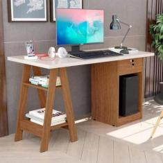 Mesa De Computador Pote Off White e Canela - Mais de Casa
