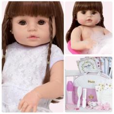 Boneca Reborn Menina Corpo de Vinil Pode Dar Banho 20 Itens - Cegonha 