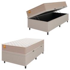 Cama Box Baú Solteiro Colchão Molas Qatar 88x188x63cm Bege/Branco Inducol - Suporta Até 200 Kg Por P