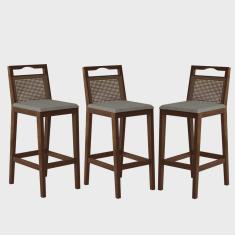 Conjunto com 3 Banquetas Madeira Maciça Rattan Vittoria