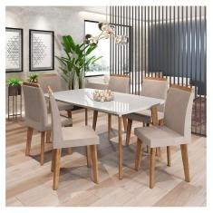 Conjunto De Jantar Jade Off White Com 6 Cadeiras Diamante Pena Caramelo Pés Oblongo - RV Móveis