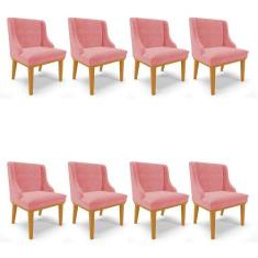 Kit 08 Cadeiras de Jantar Liz Suede Rosê Base Fixa Madeira Castanho D0