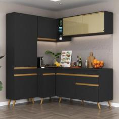 Armário Cozinha Completa de Canto Veneza Multimóveis V2054, Preto/Dour