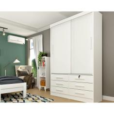 Guarda Roupa Solteiro Chicago C- 2 Portas de Correr 6 Gavetas MDF-MDP Branco-Neve Tcil Móveis