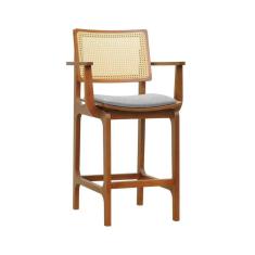 Banqueta Alta Bistrô Gus C- Braços - Amêndoa Estofado Linho Cinza Mescla Impermeável