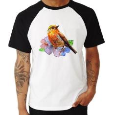 Camiseta Raglan Pássaro e Flores - Foca na Moda, Branco, Preto, P