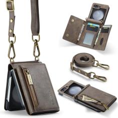 XYAJUANG Capa de telefone compatível com Samsung Galaxy Z Flip 5, design com zíper atualizado, capa de celular dobrável de couro PU com alça de ombro e suporte para cartão, capas de telefone com bolso