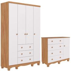 Quarto de Bebê Completo Guarda Roupa 4 Portas Cômoda 1 Porta 3 Gavetas 100% MDF Junior