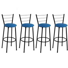 Kit 4 Banquetas Alta Preta com Encosto Assento Azul Jaddi