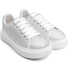 MISSMILLER Tênis feminino moderno casual com strass e plataforma brilhante com cadarço, Branco, 36