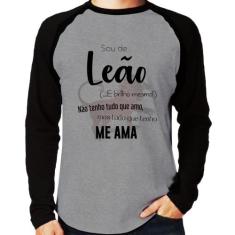 Camiseta Raglan Sou de Leão Manga Longa - Foca na Moda, Cinza, Preto, 