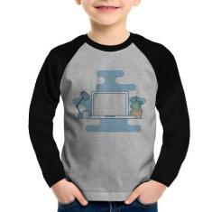 Camiseta Raglan Infantil Laptop Manga Longa - Foca na Moda, Cinza, Pre