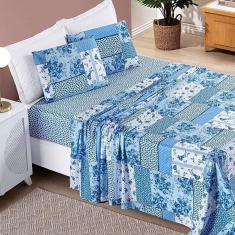 Jogo De Cama Lençol Bouti Estampado Queen 04 Peças - Azul Sereno