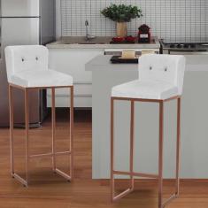 Kit 02 Banqueta Alta c/ Encosto Lucca Industrial Cozinha Balcão Ferro Bronze Botão Preto Corino Branco - Ahazzo Móveis